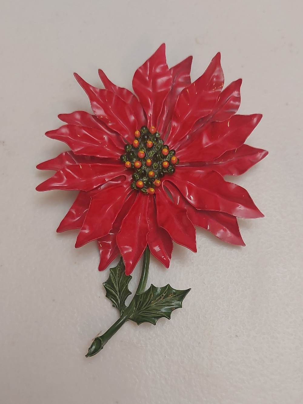 Vintage Large Heavy Duty Christmas Red Poinsettia Brooch Pin